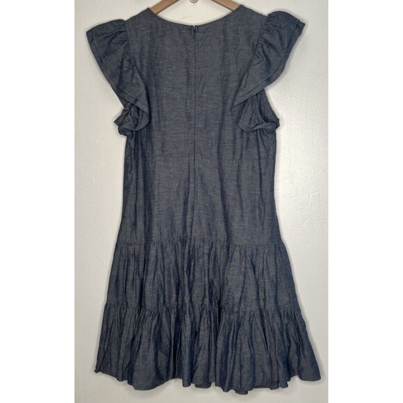 NWT Jill Stuart Dress Large V Neck Blue Chambray Mini Tiered Flutter Sleeve New - Picture 4 of 4